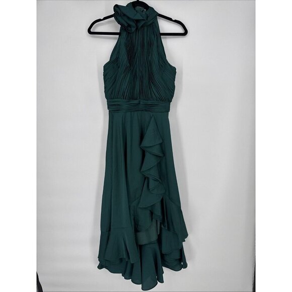 Mac Duggal Size 2 Green HALTER NECK FLOWER DETAIL RUFFLED MIDI Cocktail DRESS - Picture 4 of 9